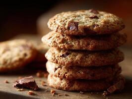 A stack of cookies on a wooden table photo