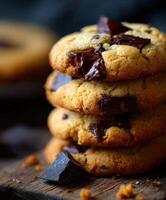 Delicious homemade chocolate chip cookies stacked on a rustic wooden table photo
