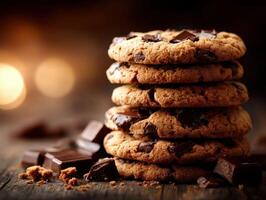 Warm chocolate chip cookies stacked on a rustic wooden table in soft light photo
