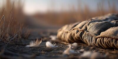 Soft feathers scattered near a fabric bundle on a dry pathway at sunset photo