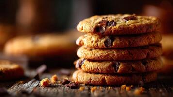 Delicious homemade chocolate chip cookies stacked on rustic wooden table photo