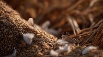 Feathers scattered on textured natural fabric in warm afternoon light photo