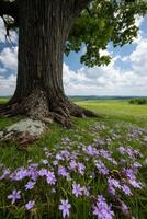 Vibrant purple flowers blooming at the base of a large tree on a sunny day photo