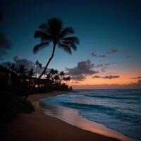 Stunning coastline at dusk with palm trees and gentle waves on sandy beach photo