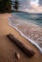 Relaxing day at the sandy beach with gentle waves and sunset hues photo