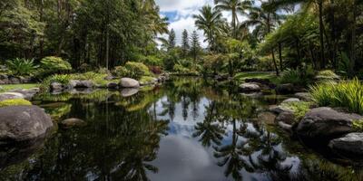 Serene garden landscape with pond and palm trees under cloudy sky photo