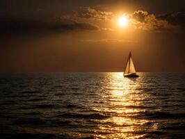 Sunset over calm waters with a sailboat gliding in the distance photo