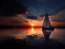 Sailboat gliding through calm waters at sunset over the horizon photo