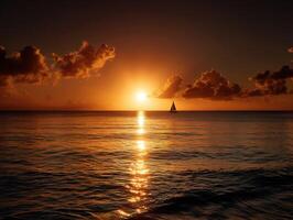 Sailboat glides across tranquil waters during sunset near a coastal horizon photo