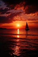 Sailing into a vibrant sunset over calm waters in the evening sky photo