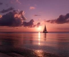 Sailing into the sunset over calm waters with vibrant sky colors photo