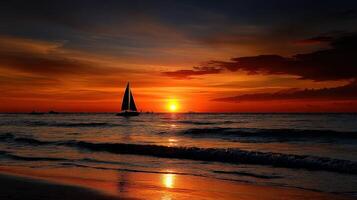 Sailboat gliding on calm waters during vibrant sunset at beach photo