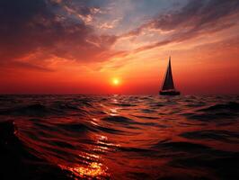 Sailboat gliding across the ocean during a vibrant sunset with dramatic clouds photo
