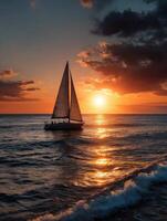 Sailing at sunset over calm waters with vibrant colors lighting the sky photo