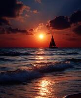 Sailboat gliding across the tranquil sea at sunset with vibrant colors photo