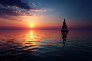 Sailboat gliding through calm waters at sunset with vibrant sky colors photo