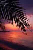 Sunset over tranquil waters with palm leaves framing the view photo
