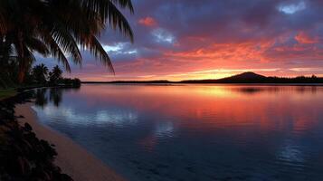 A beautiful sunset over the water with palm trees photo