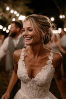 Joyful bride celebrating under twinkling lights at wedding photo