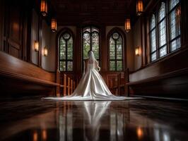 Elegant bride poses in a serene chapel before the ceremony photo