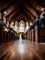 Couple exchanges vows in a charming church setting photo
