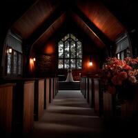 Beautiful bride standing alone in a serene chapel photo
