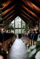 Ceremony takes place in a rustic venue surrounded by nature photo