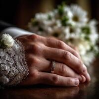 Elegant wedding ring and lace detail with bouquet in background photo