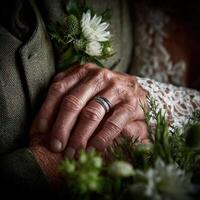 Intimate moment of newlyweds holding hands at a wedding photo