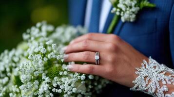 Elegant wedding ring displayed with beautiful floral bouquet photo