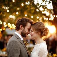 Couple shares a tender moment at sunset wedding photo