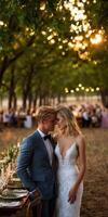 Couple shares an intimate moment at a sunset wedding photo