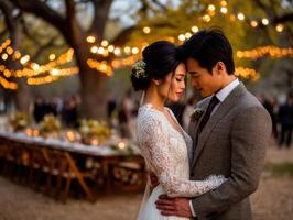Couple enjoys a romantic moment at outdoor wedding photo