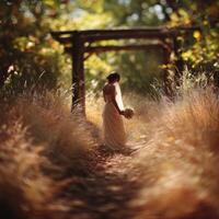 Beautiful bride walking through a garden path at a wedding photo