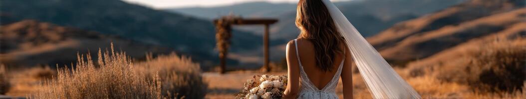 Bride in a scenic setting prepares for a wedding ceremony photo
