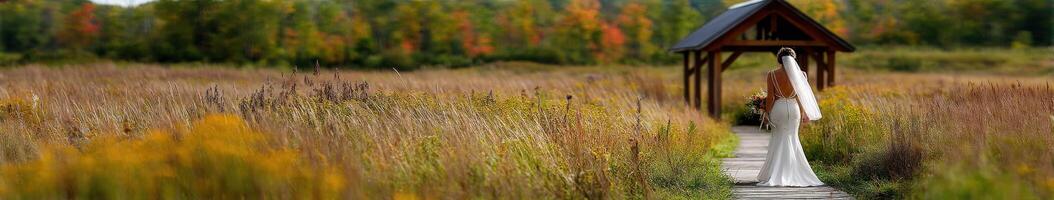 Beautiful bride walks through autumn field towards gazebo photo