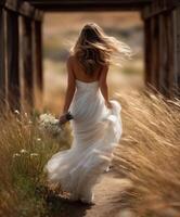 Beautiful bride walking through golden grass at sunset photo