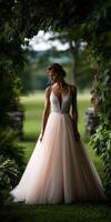 Elegant bride in a stunning gown surrounded by nature photo