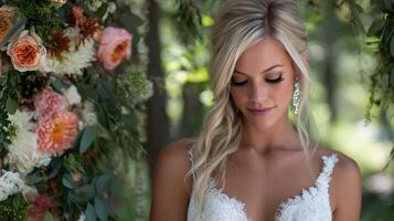 Bride in natural setting with floral backdrop before wedding photo