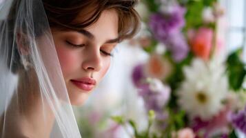 Beautiful bride in soft light surrounded by flowers photo