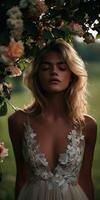 Bridal portrait surrounded by blooming flowers in nature photo