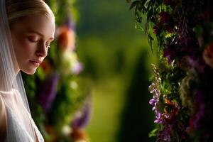 Bridal portrait captured in a floral setting at sunset photo