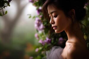 Bride captured in a serene moment surrounded by flowers photo