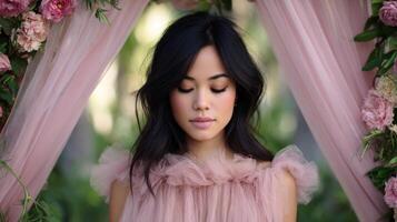 Bridal portrait captured in a garden with floral decorations photo