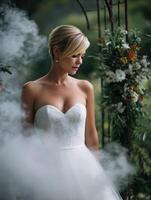 Elegant bride in a dreamy garden setting during wedding photo