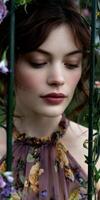 Beautiful bride surrounded by flowers at enchanting wedding venue photo