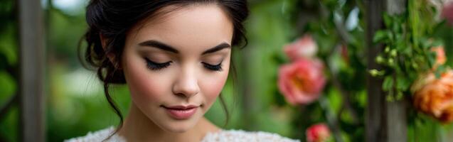 Bride looking serene in beautiful garden setting during wedding photo