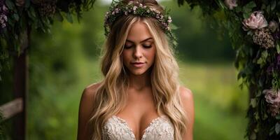 Beautiful bride preparing for wedding ceremony in nature photo