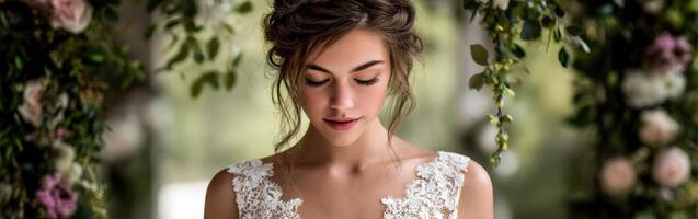 Bride in a beautiful setting surrounded by floral decorations photo