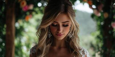 Elegant bride preparing for wedding ceremony in nature photo